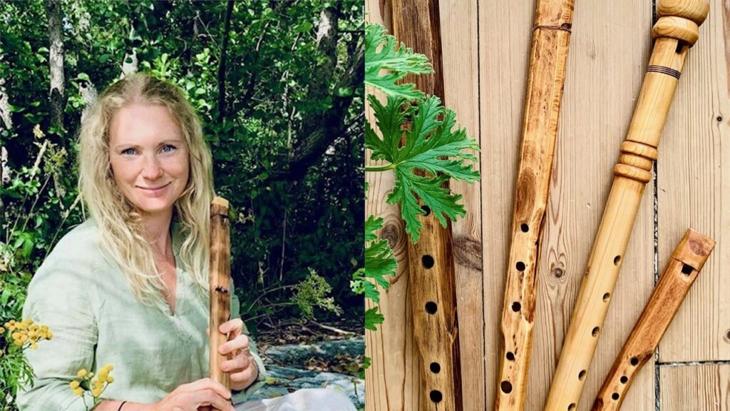 En kvinna håller i en träflöjt