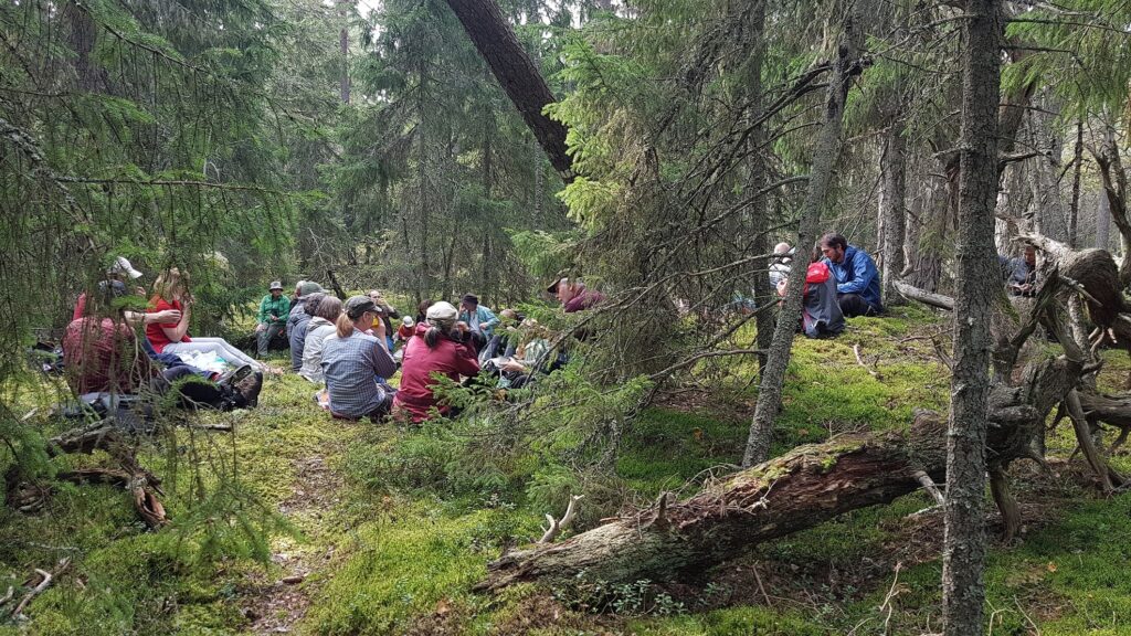 Bild från en tidigare utflykt med Nya skogsgruppen. Ett 30-tal personer har picknick, sitter på marken, fikar och samtalar.